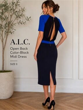 A.L.C. Navy & Cobalt Silk Trim Open Back Midi Dress Colorblock Size 0 Authentic